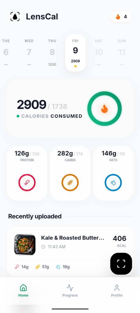 LensCal KI-Food-Scanner App Oberfläche mit sofortigem Kalorien-Tracking und Makro-Aufschlüsselung